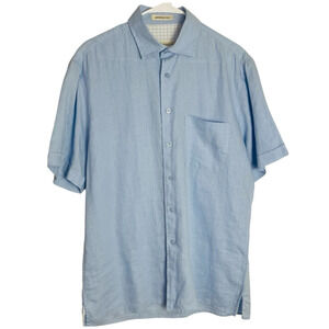 Pronto Uomo 100%‎ Linen Shirt Mens M Blue Modern Fit Short Sleeve Button Up